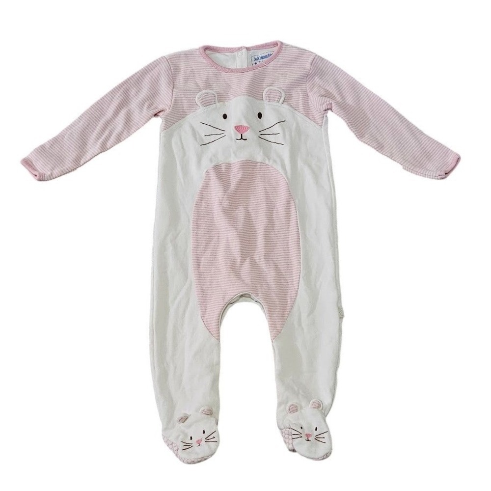 JoJo Maman Bebe Pink White Striped Mouse Footed Sleeper Pajamas 9-12 Months